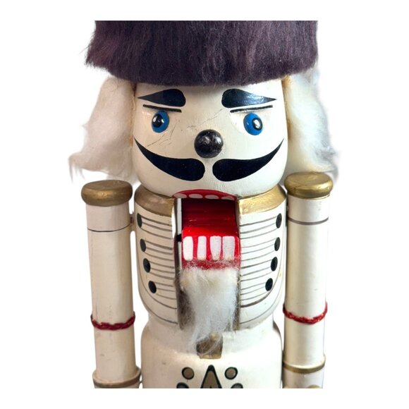 Vintage Wooden Nutcracker Soldier Figurine 14" Mustache Fur Hat & Sword Red Gold - Picture 3 of 13